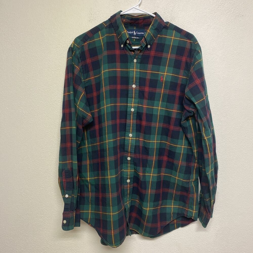 Mens Polo Ralph Lauren Plaid Button Down Long Sleeve Shirt Red Logo Size Large